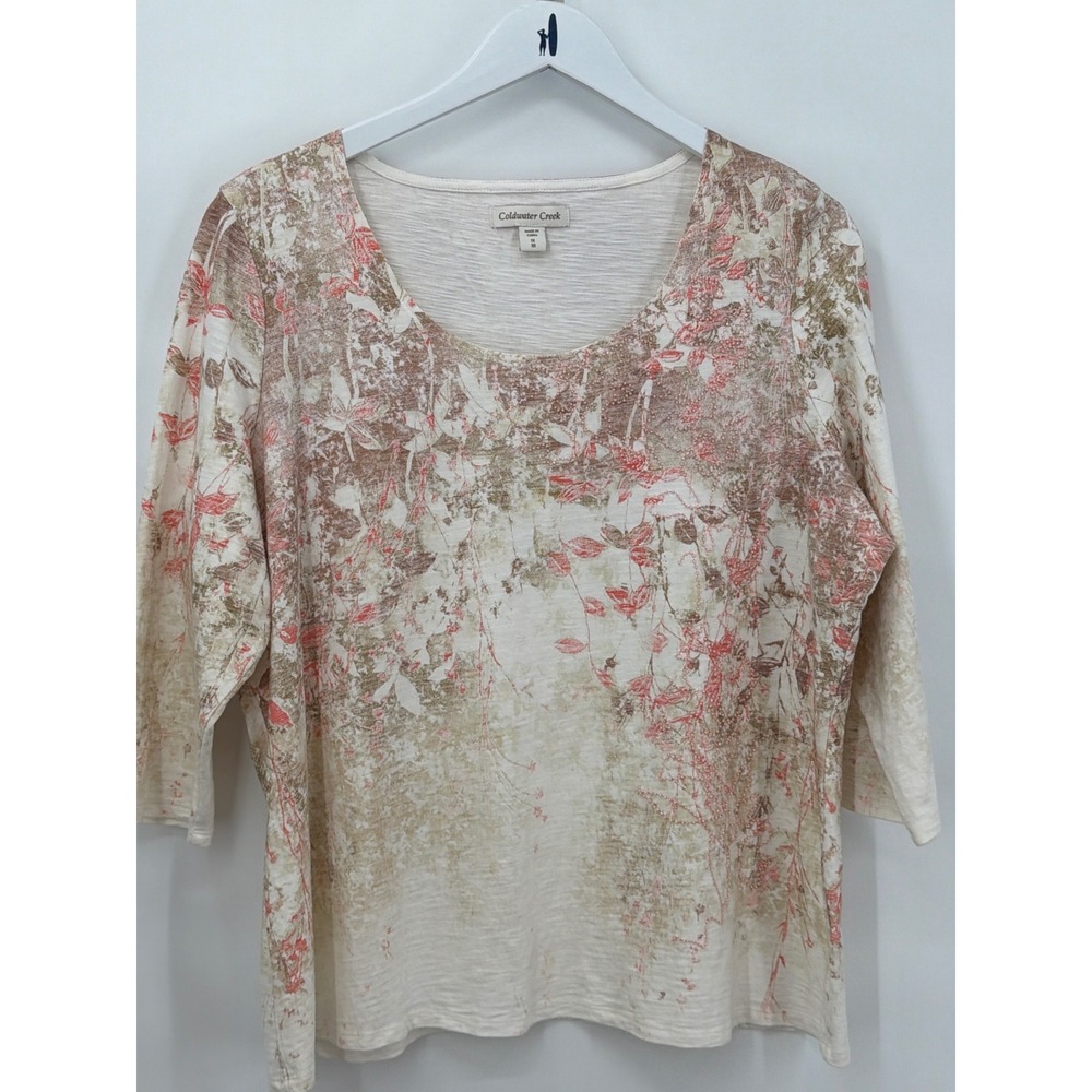 Coldwater Creek Womens 1X Beaded Floral Slub Knit Top 3/4 Sleeve Cotton Ivory